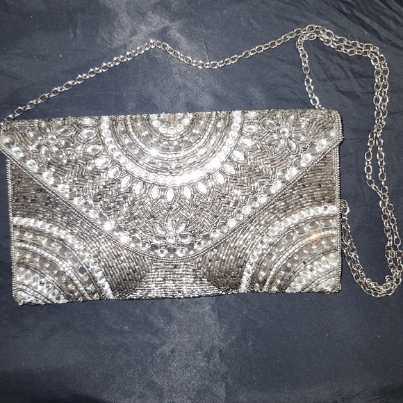Nordstrom Handbags - Pewter Art Deco Crystal And Beaded Envelope Purse